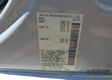 2019 Nissan Altima 2.5 Sr from USA, damaged, VIN 1N4BL4CV2KN321936